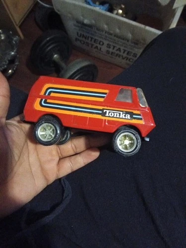 Vintage 70s TONKA 55450 Red 5" Pressed Steel Van Orange Blue Stripes USA Mini