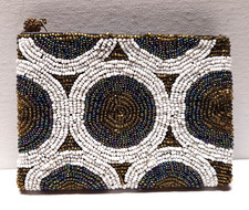 VINTAGE HAND BEADED COIN PURSE White, Gold, Iridescent Seed Bead Zip Pouch Boho