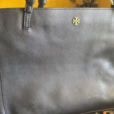 Tory Burch Saffiano Black Leather Large York Tote Shoulder Laptop Bag Gold Tone