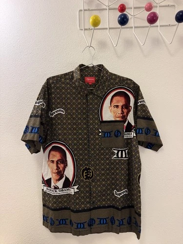 Supreme SS17 Obama Portrait Print Button Down Shirt Olive Men's L AUTHENTIC - product listing photo