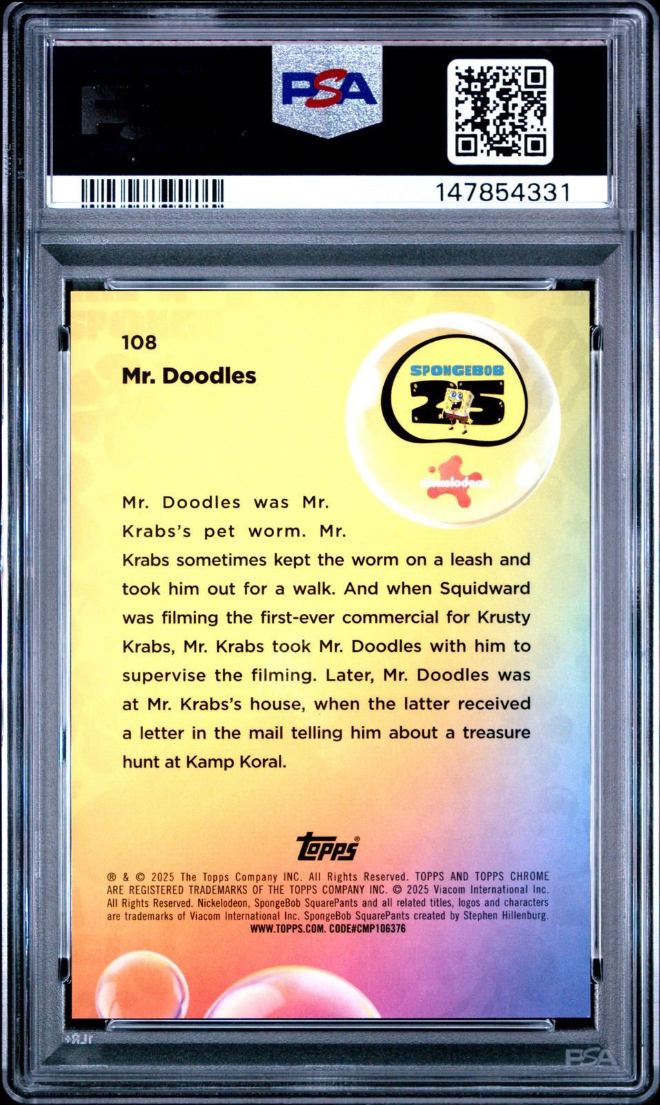 2025 TOPPS CHROME SPONGEBOB SAPPHIRE ED ORANGE #108 MR. DOODLES 15/25 PSA 10 view 2