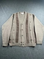Norm Thompson VTG Cardigan Sweater Size Med Brown Suede Trim Cable Knit Merino