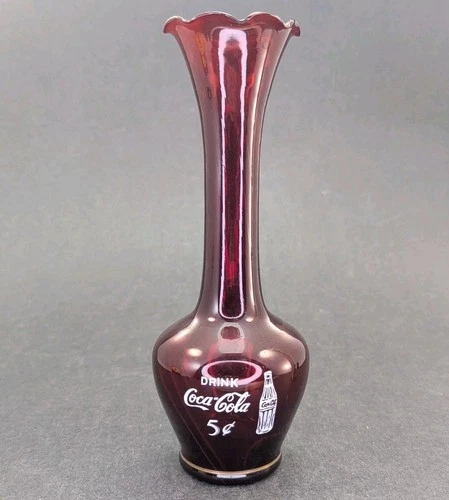 Coca-Cola Vase Ruby Red Vintage Drink Coke 5¢ cent Vase 7.5” Vtg Advertising