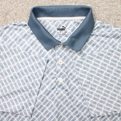 Puma AOP Polo Shirt Mens Medium Blue Pineapple All Over Print Golf Short Sleeve