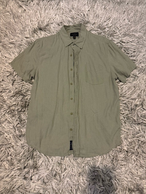 Lucky Brand Button Up Shirt Men's Medium Green Linen Blend Short Sleeve Pocket