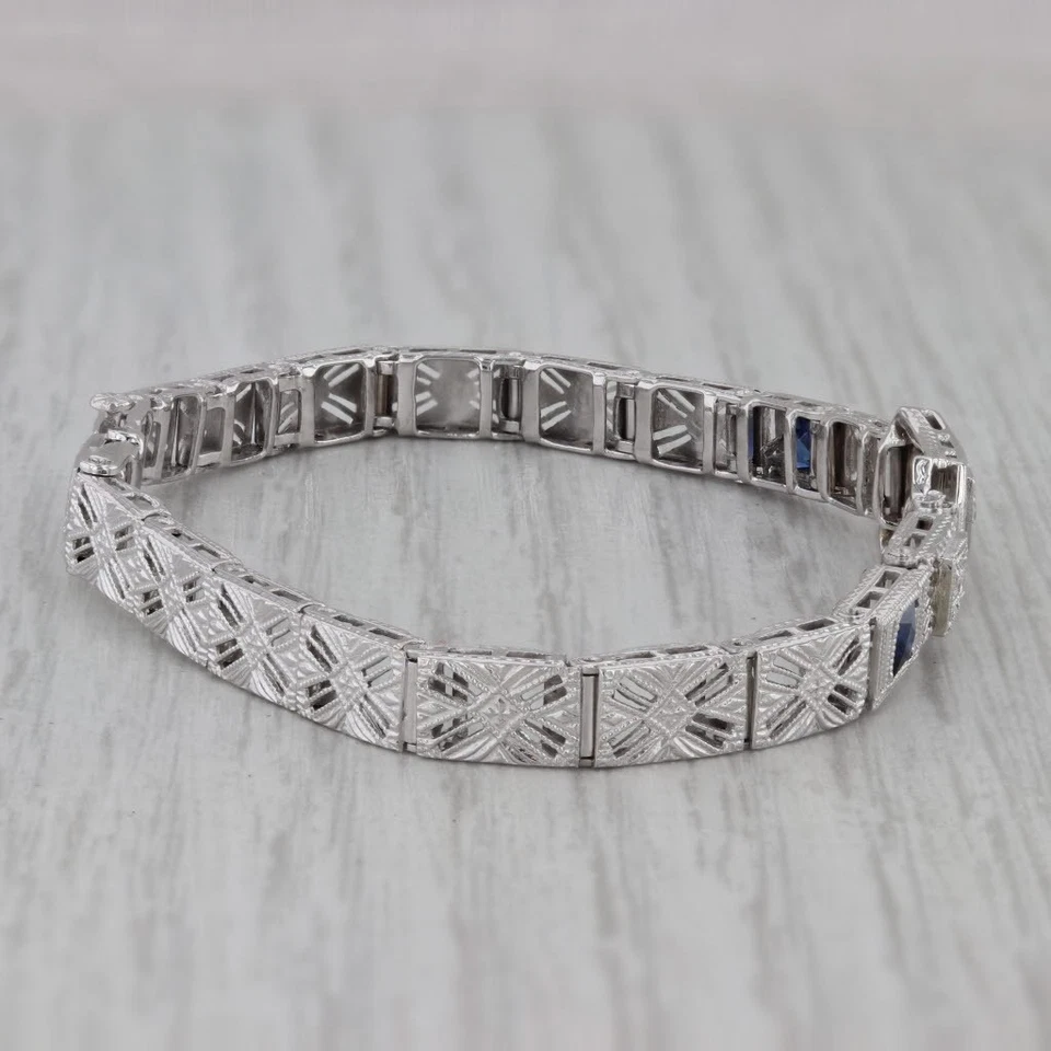 Art Deco 0.52ctw Diamond Lab Created Sapphire Bracelet 14k White Gold Platinum - Image 4 of 4