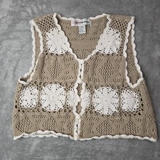 Vintage 90s Sz M Crochet Open Knit Sweater Vest Crop Boho Ivory Brown Festival