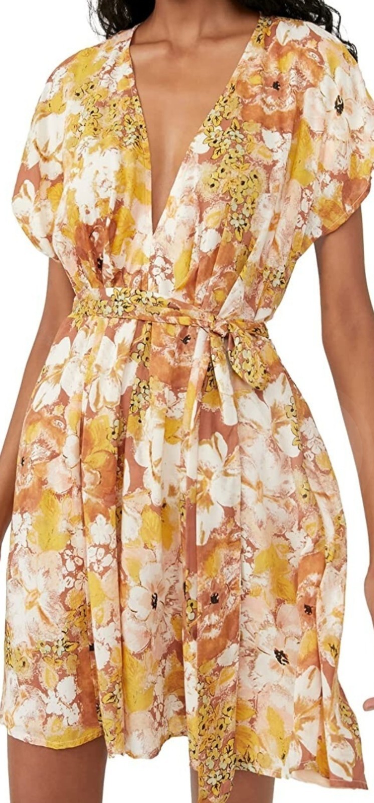 Free People Women's Brown Yellow White Floral Mini Dress V-Neck Tie Waist L