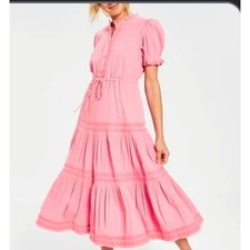 Charter Club Pink Midi Dress XL Boho Tiered Lace Pintuck Prairie Cottagecore