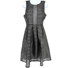 Monochrome Black Silver Striped Mesh Fit Flare Dress Glam Goth 50s Style M
