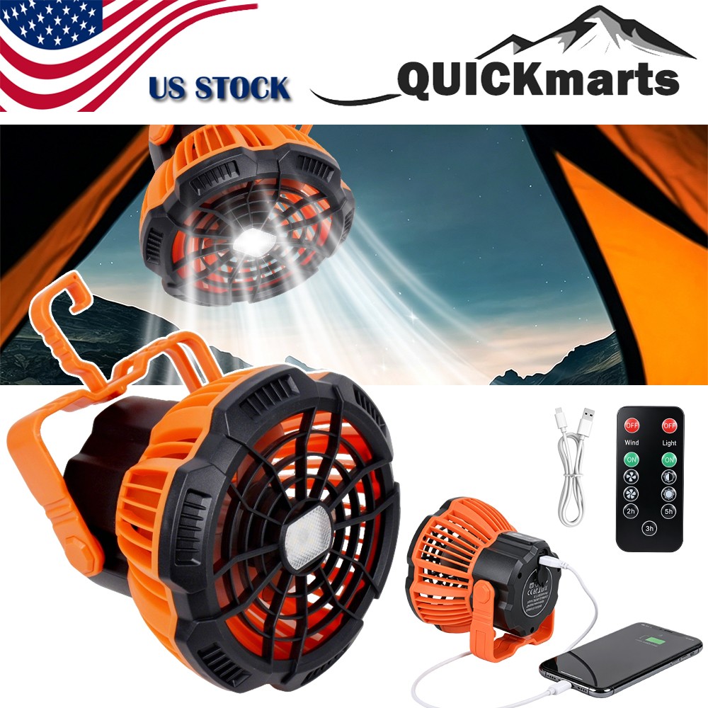 Outdoor Portable Camping Tent Fan with LED Light USB Rechargeable Hanging Lamp