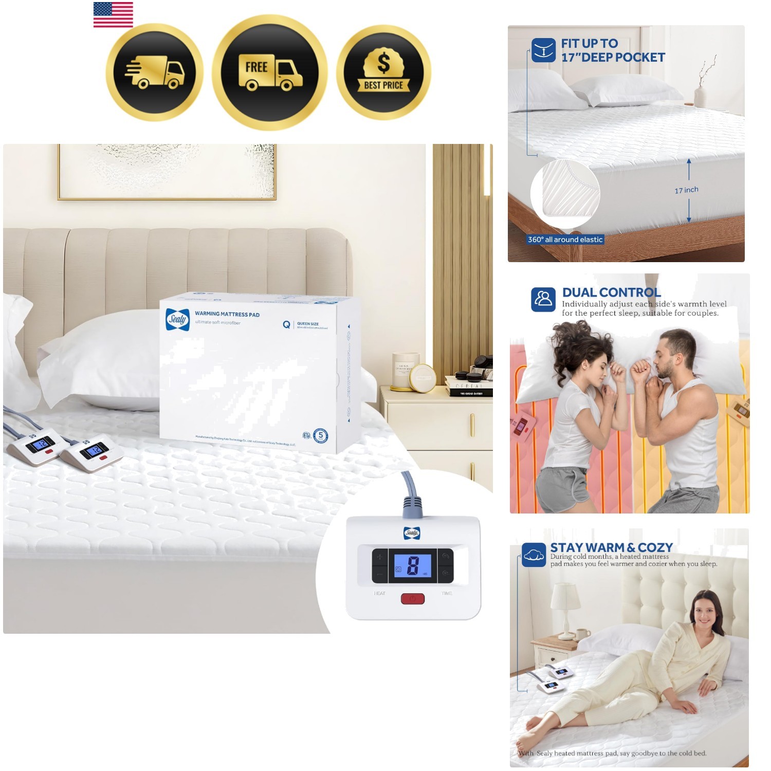 Almohadilla de colchón térmica tamaño queen, calentador de cama eléctrico acolchado de lujo con doble...