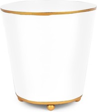 White Metal Indoor Planter 6in Hand-Painted Gold Trim Round Ball