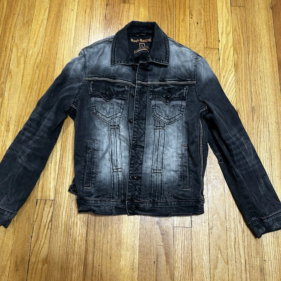 Chaqueta vaquera Rock Revival para hombre grande Y2K moto/motociclista grunge bordada Foto 2 de 4