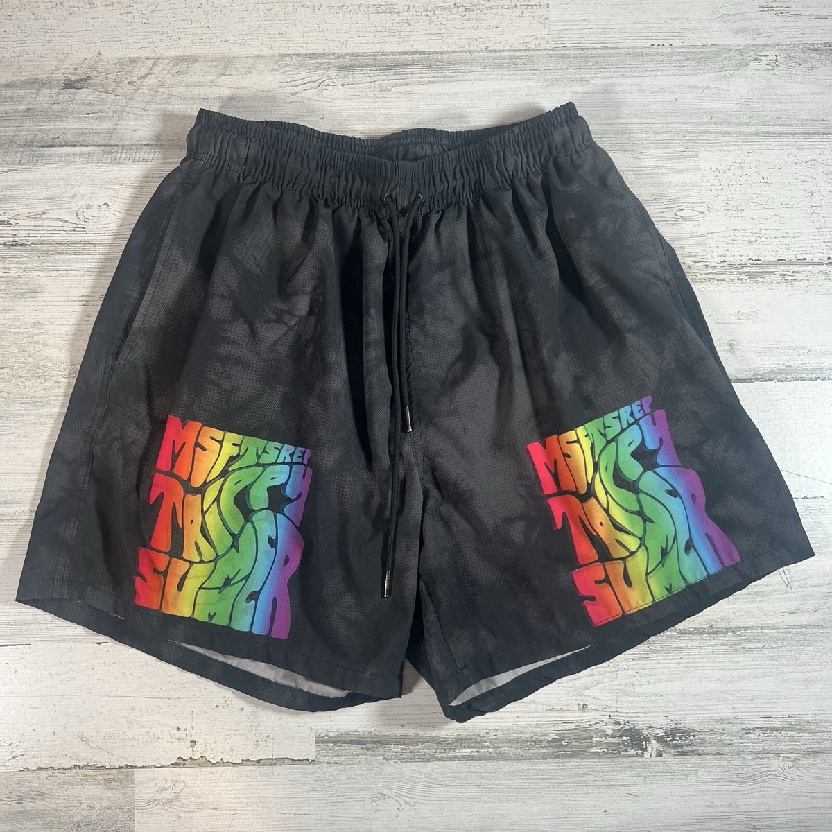 MSFTSrep Men's Trippy Summer Shorts Black Rainbow Size Large
