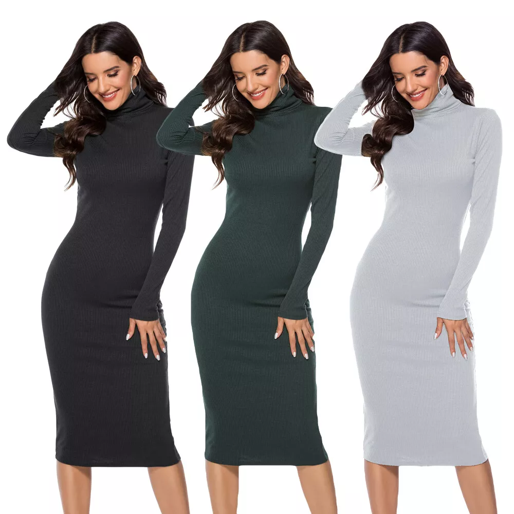 Winter Warm Knitted Turtleneck Bodycon Stretch Long Dress Women Casual  Dresses