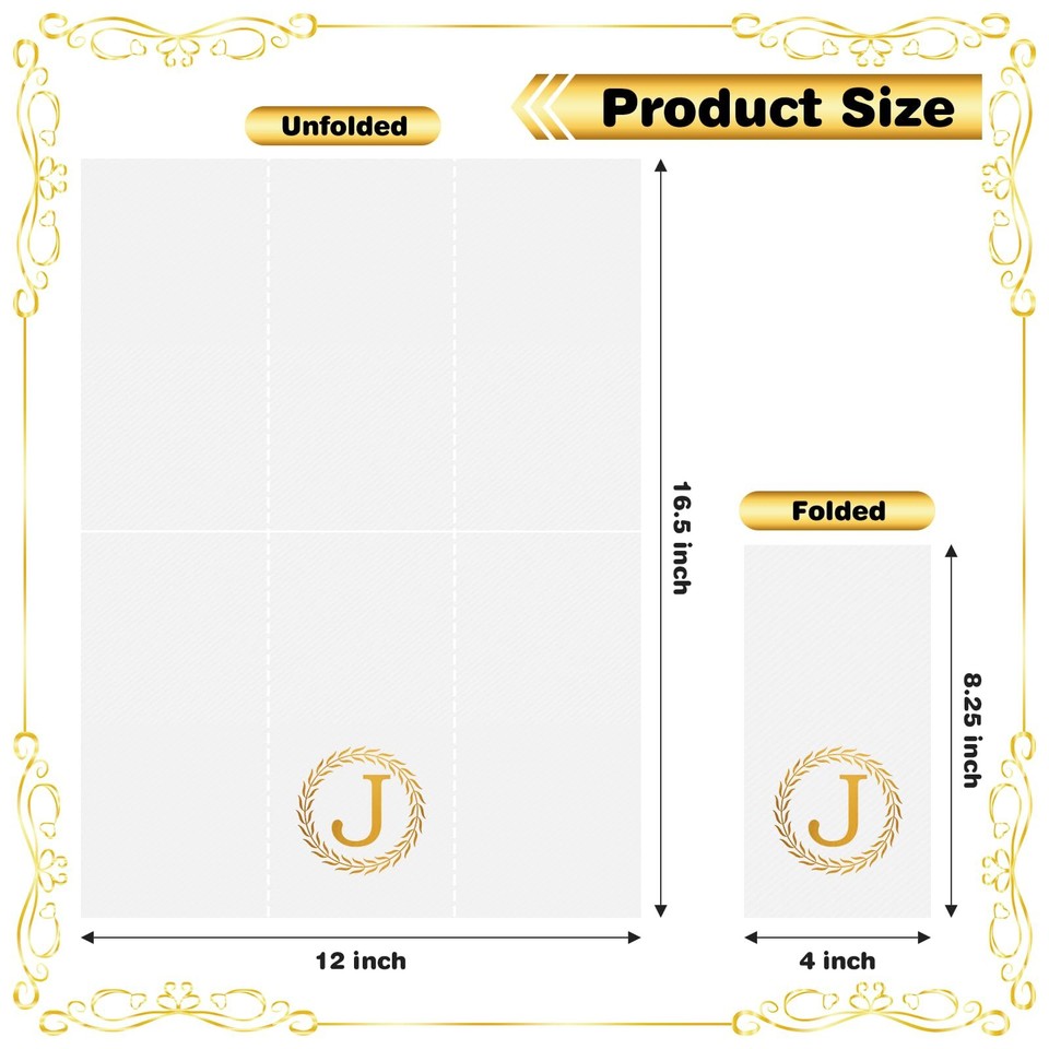 100 Gold Monogram Disposable Napkins Letter J Hand Towels Decorative