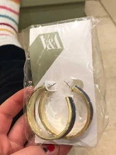 Gold large hoop earrings with blue detail