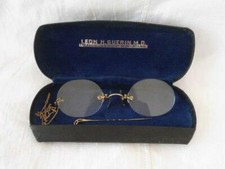 1890s Antique 10k Gold SHURON Eye Glasses with Chain  Case Spectacles Rimless