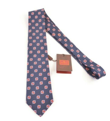 Etro NWT Silk Neck Tie In Navy Blue With Red Yellow White & Blue Geometric 