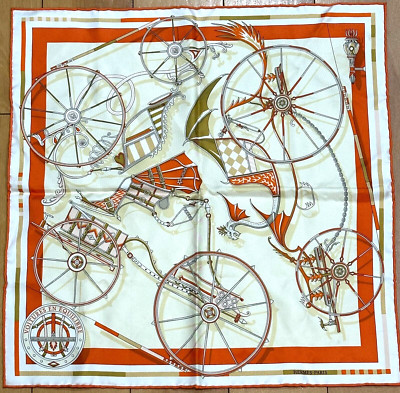 HERMES VOITURES EN EQUILIBRE Carre 45 100% silk scarf Orange France #y4782