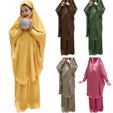 Muslim Kids Prayer Long Dress Hijab Set Girls Abaya Ramadan Robe Islamic Kaftan