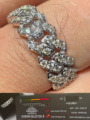 Iced MOISSANITE Prong Cuban Link Band Ring Real 925 Silver 8mm Wedding Hip Hop