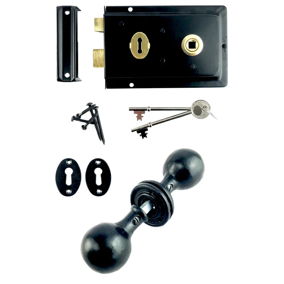 Rim Lock Ball Oval Octagonal Black Cast Iron Door Knobs Traditional Cottage Set - Image 3 of 4