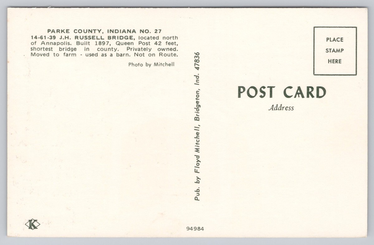J.H. Russell Bridge Annapolis IN Parke County Indiana No.27 UNP | eBay