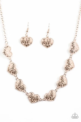 Paparazzi Necklace -Easy to Adore- Rose Gold- Filigree Filled Hearts- Heart - Picture 2 of 2