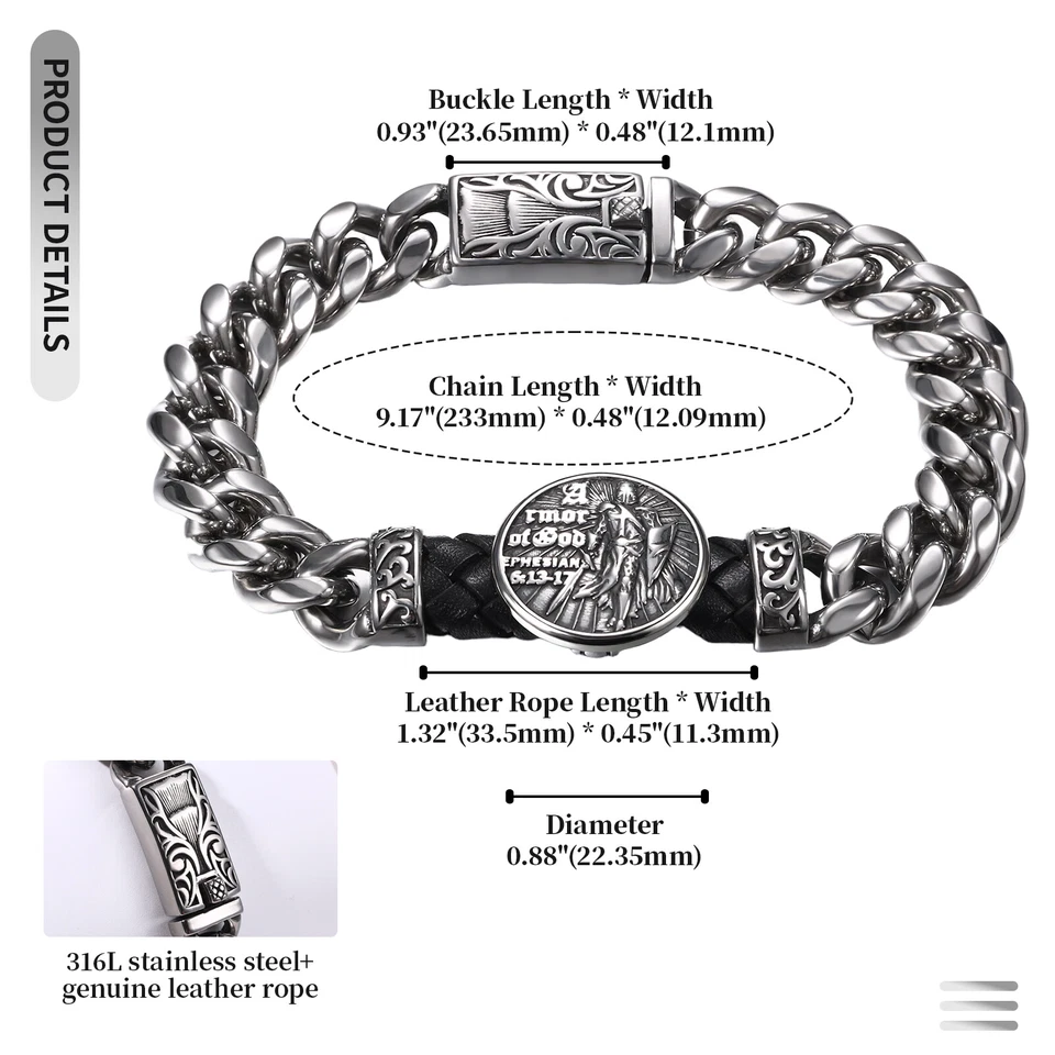 Pulsera Hombre San Miguel Cordón Cuero Acero Inoxidable Arcángel Cadena Cubana Foto 2 de 2