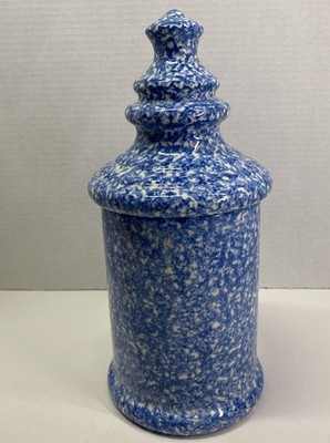 Sponge ware Granny Core Cottage Painted Blue Unmarked Canister 11 Inches Tall