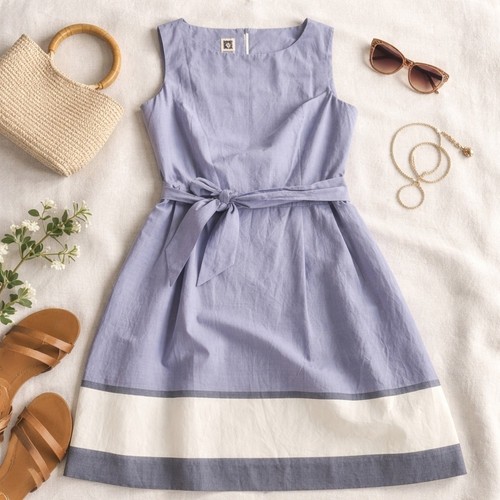 Eton, Anne Klein Womens Eton Blue Striped Hem Belted Fit & Flare Dress 10681026-1XT 16
