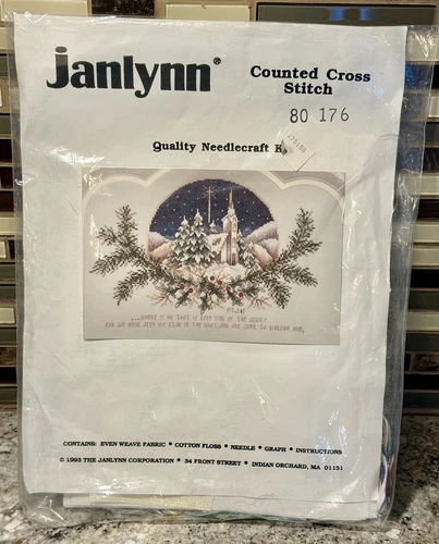 NEW Janlynn Counted Cross Stitch Church Christmas Village Star Vintage 1969