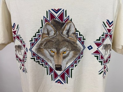 Vintage 90s Wolf Shirt Large Aztec Southwest Native American Nature Ivory USA