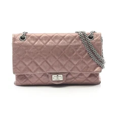 CHANEL 2.55 Matelassé W Flap Shoulder Bag Leather Dusty Pink Silver #RC1878