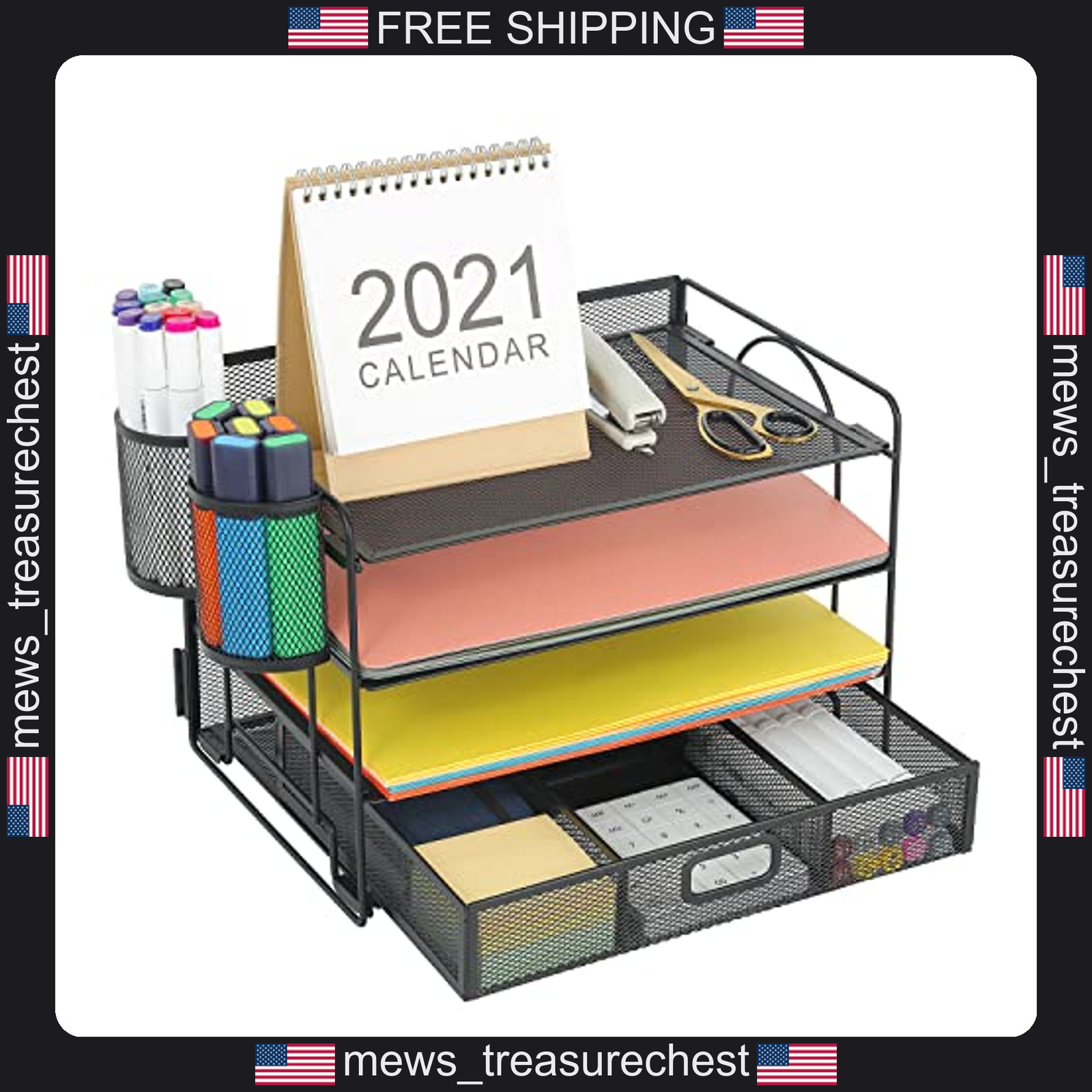 Metal Desk Organizer with 4 Sliding Trays and Pencil Holders for Office or Home