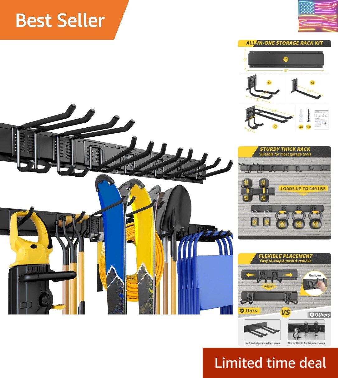 48" Garage Tool Organizer Wall Mount, 440lbs Garden Garage Storage Garage Org... - Thumbnail 1