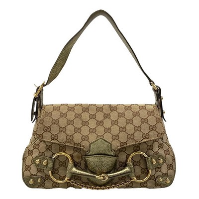 GUCCI GG/Horsebit 131474 Dark Brown Beige Gold Jacquard Leather