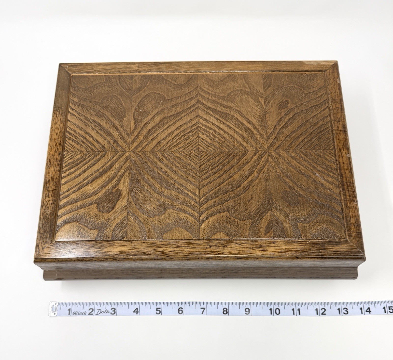 Vintage Hardwood W Oak Veneer Inlay Top Trinket/Jewelry Box Felt Lined READ DESC