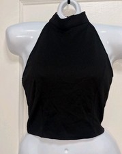 Ambiance Apparel Black Halter Crop Top Size Small Mock Neck Stretch Sleeveless