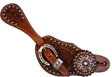 Showman Ladies Leather Spur Straps w/ Acorn Tooling  Pink Crystal Rhinestones