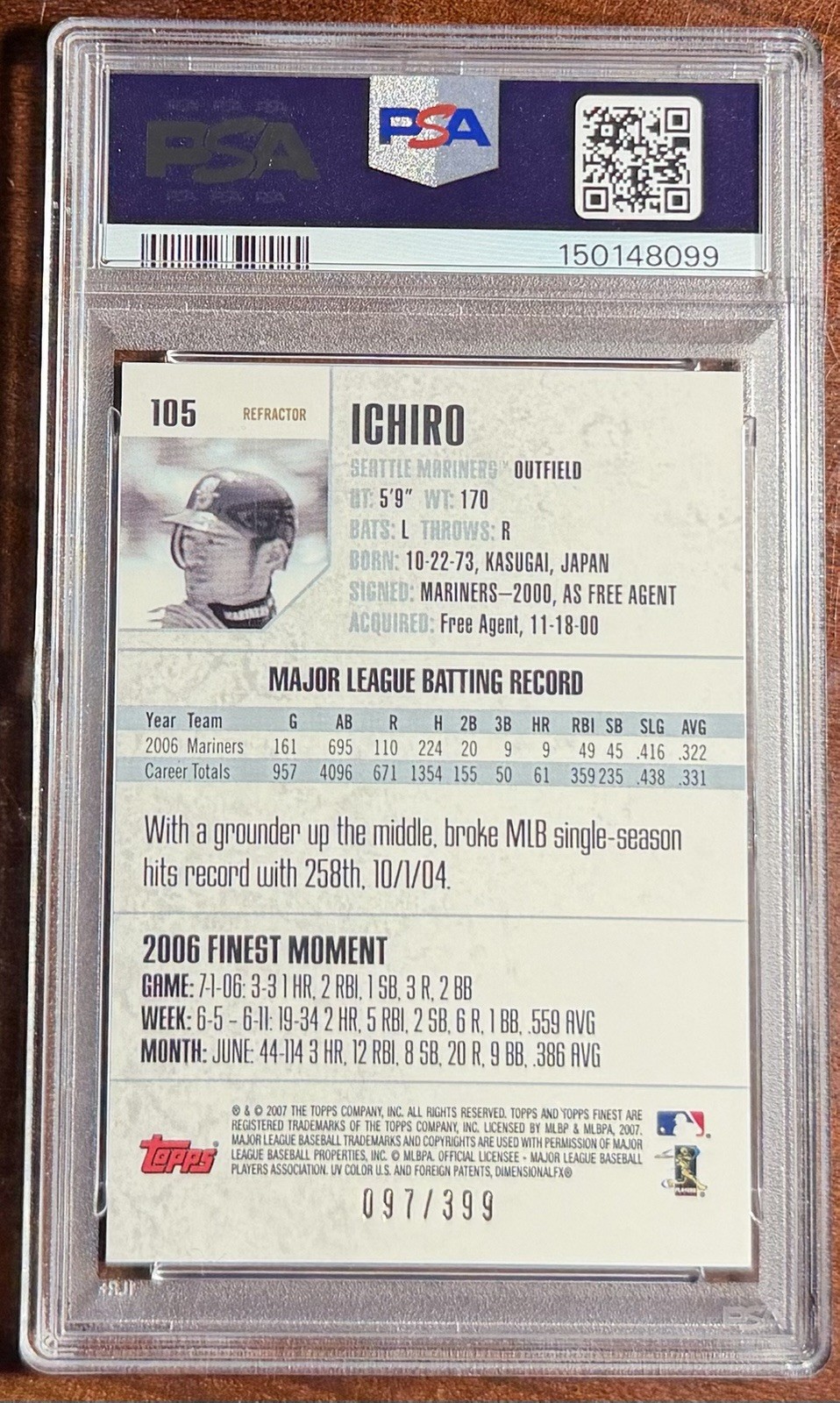 2007 Topps Finest Ichiro Suzuki BLUE REFRACTOR🌈PSA 9🚨MINT💎/399🎯COLOR MATCH! view 2