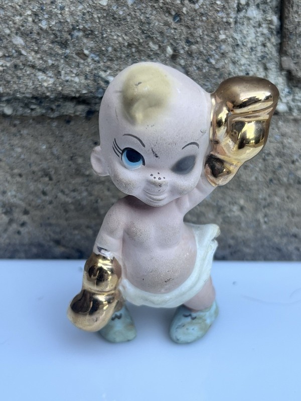Ceramic Baby Figurine Small White Painted w/ Gold Accents & Blue Eyes