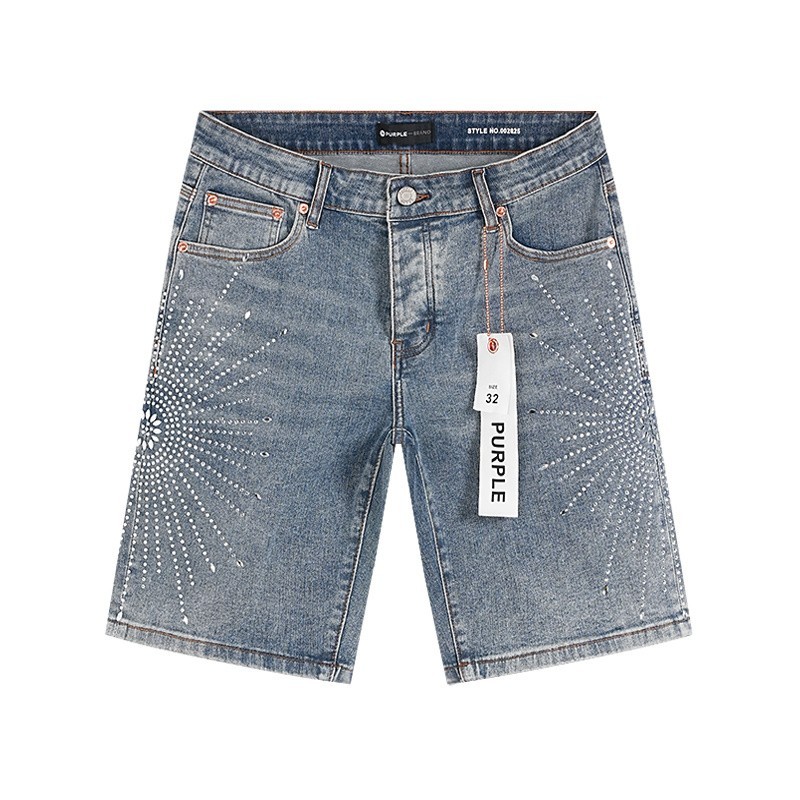 PURPLE デニムショートパンツ NEW Purple Brand Rhinestone Sunburst Pattern Distressed Short