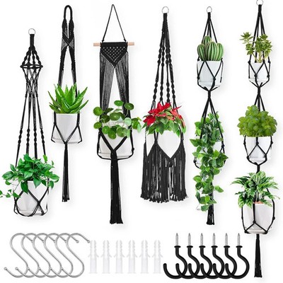 Macrame Plant Hangers 6Pack Hanging Holders Indoor w/ 6 Set Hooks Handmade