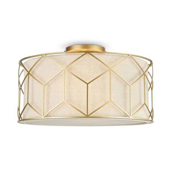 Deckenlampe Stoff Metall D: 43 Cm Rund In Gold Natur 3X E27 Deckenleuchte-image