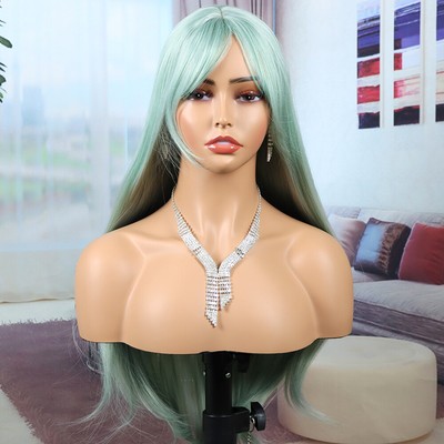 Style mit luftigem Pony realistisches Haar mintgrün lange lockige Perücke süß