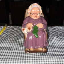 Vtg 6" HIGH GRANDMA IN ROCKINGCHAIR W/CAT RETIREMENT FUND CERAMIC COINBANK JAPAN