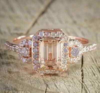 Halo Engagement Rings 3Ct Emerald Cut Lab Created Morganite 14k Rose Gold Plated